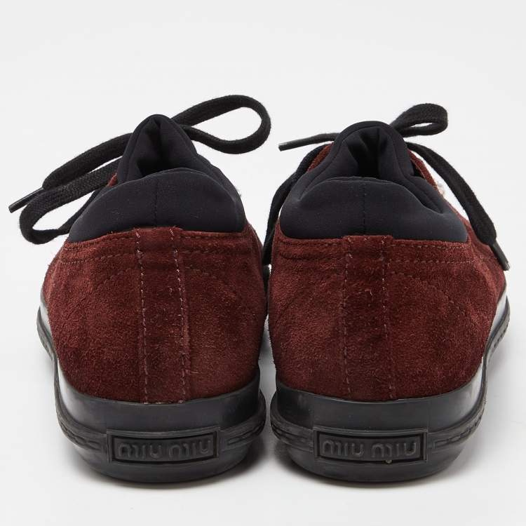 Pre Owned Miu Miu Brown/Black Suede and Neoprene Crystal Cap Toe Sneakers Size 38.5