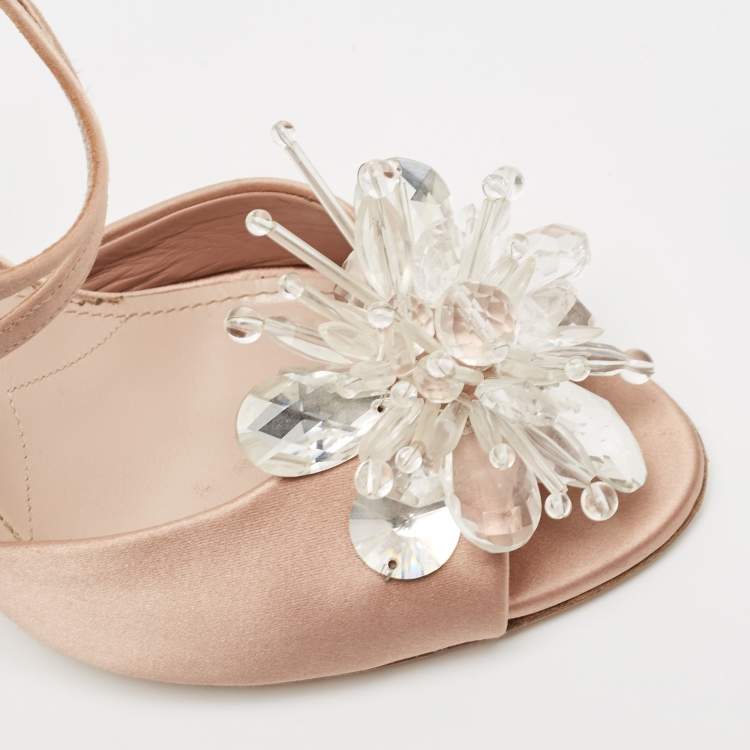 Pre Owned Miu Miu Beige Satin Crystal Embellished Ankle Strap Sandals Size 39
