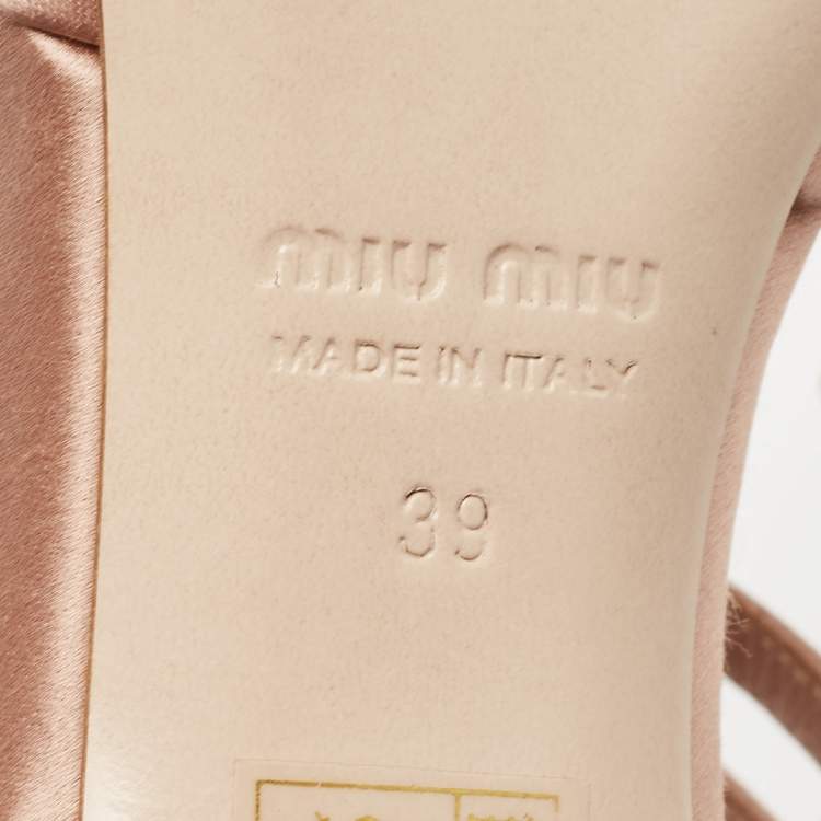 Pre Owned Miu Miu Beige Satin Crystal Embellished Ankle Strap Sandals Size 39