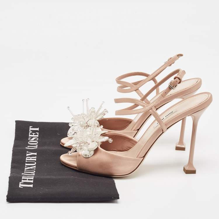 Pre Owned Miu Miu Beige Satin Crystal Embellished Ankle Strap Sandals Size 39