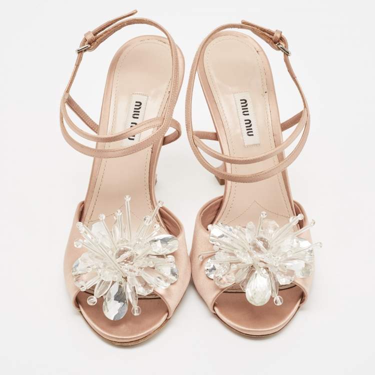 Pre Owned Miu Miu Beige Satin Crystal Embellished Ankle Strap Sandals Size 39