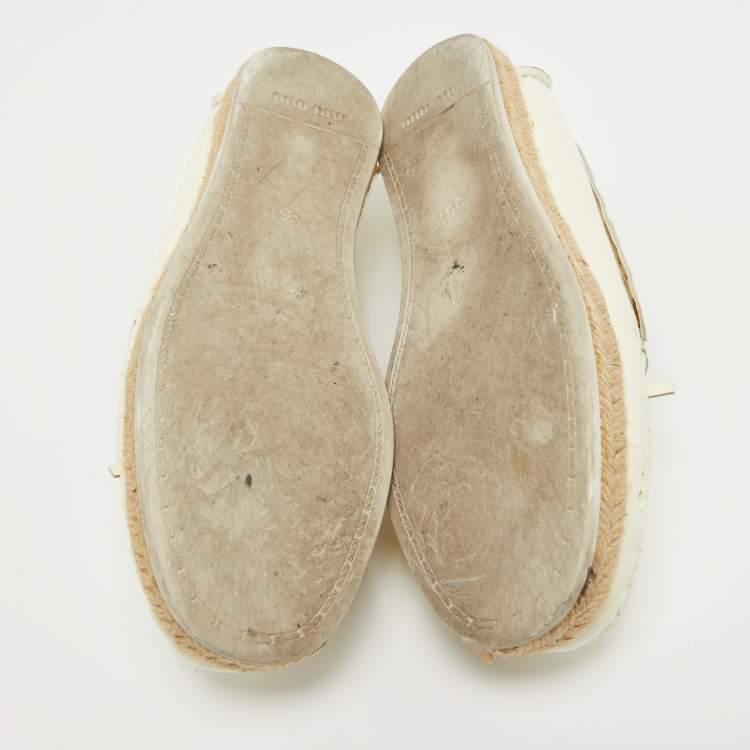 Pre Owned Miu Miu Cream Patent Leather Bow Espadrille Loafers Size 35.5