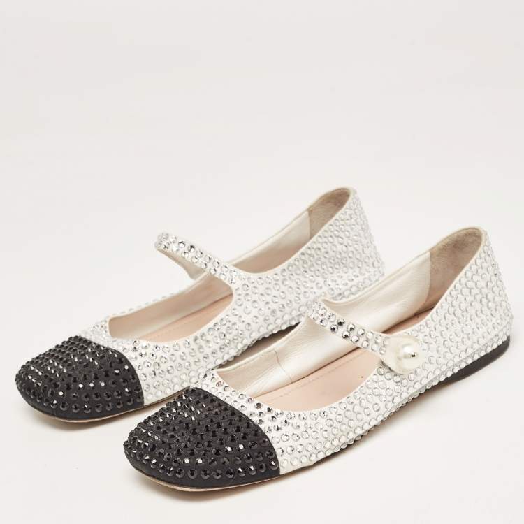 Miu Miu White Black Crystal Embellished Fabric Mary Jane Ballet