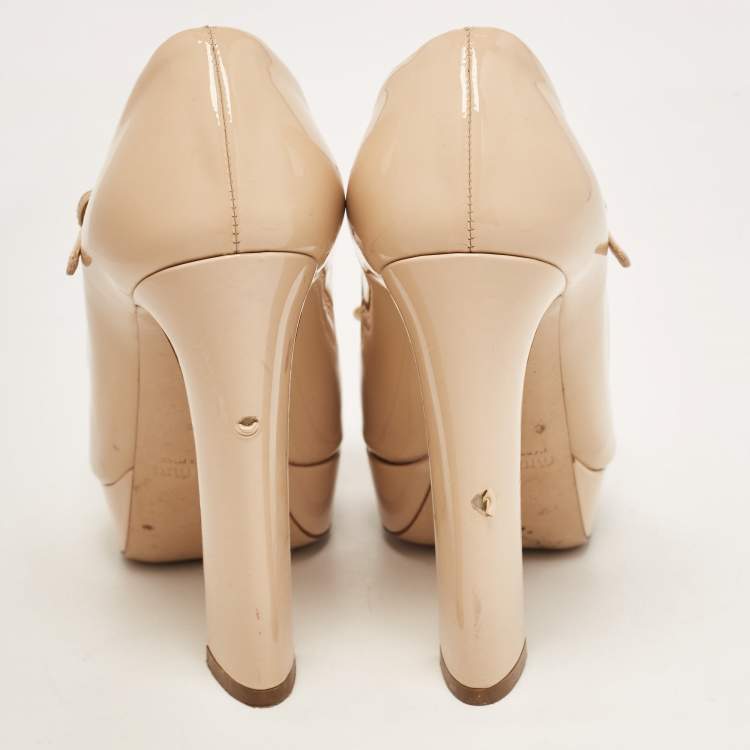 Pre Owned Miu Miu Beige Patent Leather Bow Platform Open Toe Mary Jane Pumps Size 36