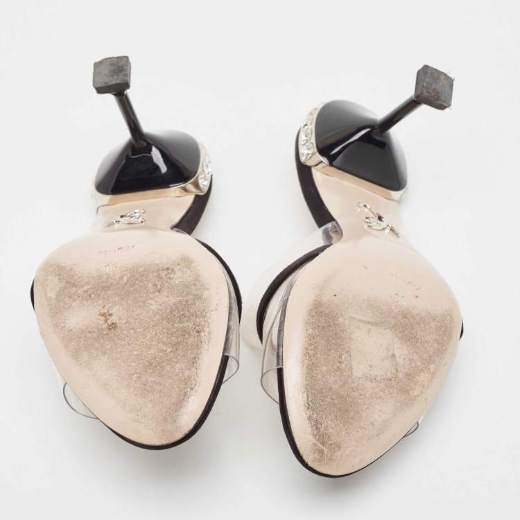 Pre Owned Miu Miu Black/Transparent PVC and Satin Slide Sandals Size 36