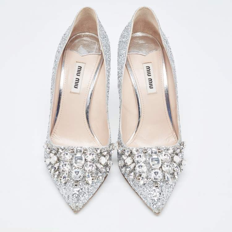 Pre Owned Miu Miu Silver Glitter Crystal Embellished Pointed Toe Pumps  Size 38
