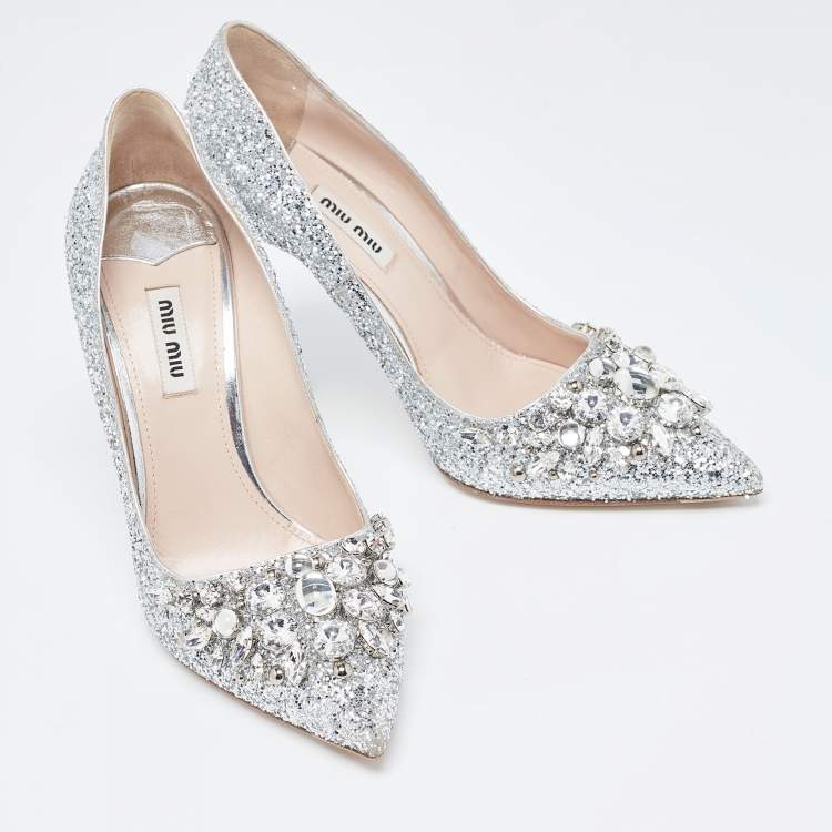 Pre Owned Miu Miu Silver Glitter Crystal Embellished Pointed Toe Pumps  Size 38