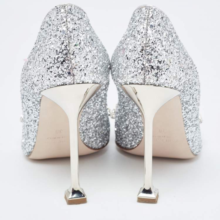 Pre Owned Miu Miu Silver Glitter Crystal Embellished Pointed Toe Pumps  Size 38