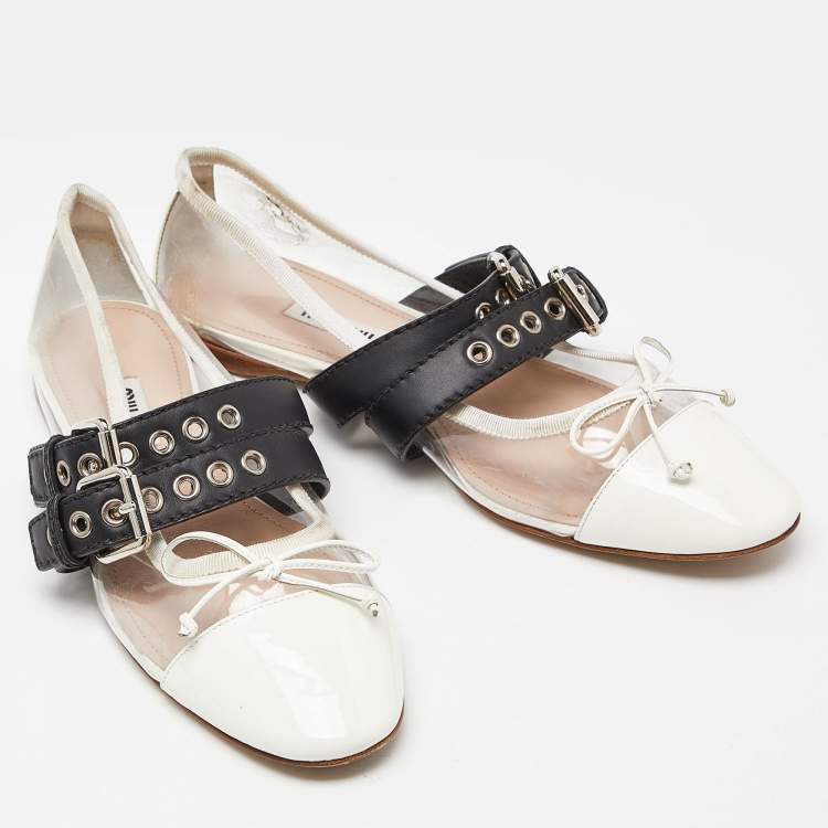 Pre Owned Miu Miu Transparent/White Pvc and Leather Buckle Detail Bow Ballet Flats Size 38.5
