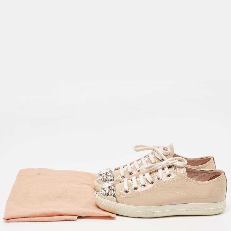 Pre Owned Miu Miu Beige Patent Leather Crystal Embellished Cap Toe Low Top Sneakers Size 36
