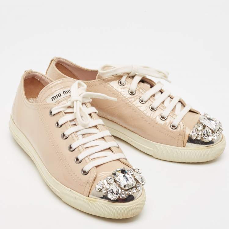 Pre Owned Miu Miu Beige Patent Leather Crystal Embellished Cap Toe Low Top Sneakers Size 36