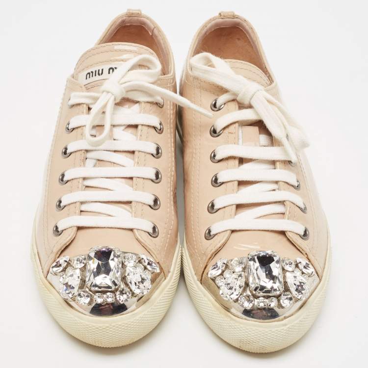 Pre Owned Miu Miu Beige Patent Leather Crystal Embellished Cap Toe Low Top Sneakers Size 36