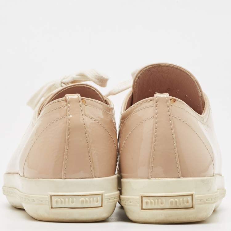 Pre Owned Miu Miu Beige Patent Leather Crystal Embellished Cap Toe Low Top Sneakers Size 36