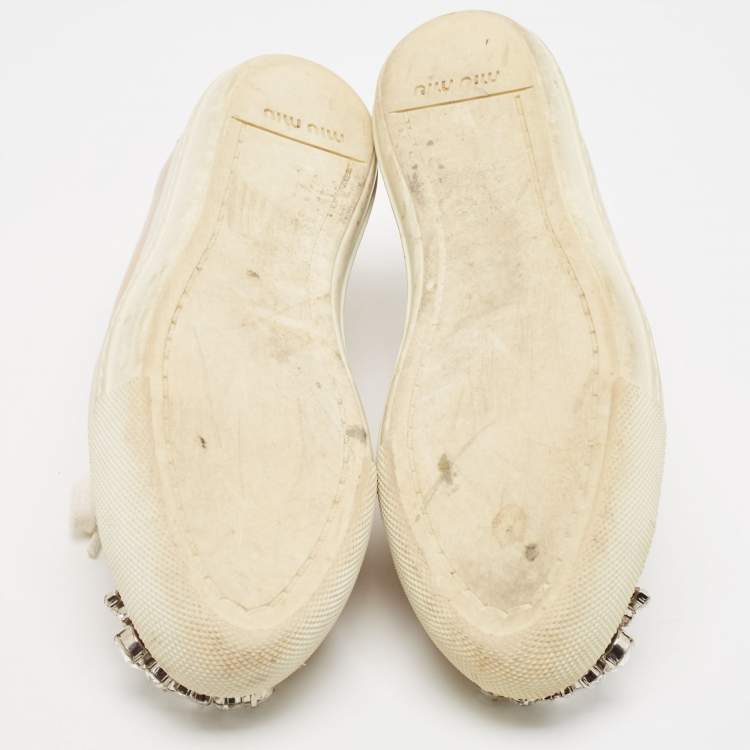 Pre Owned Miu Miu Beige Patent Leather Crystal Embellished Cap Toe Low Top Sneakers Size 36