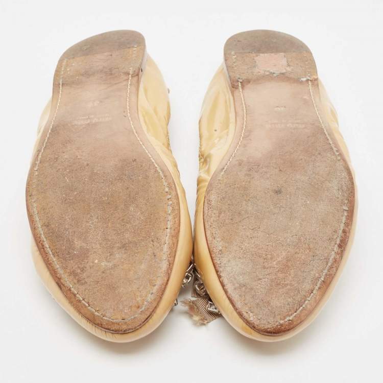 Pre Owned Miu Miu Beige Patent Leather Crystal Embellished Ballet Flats Size 39   