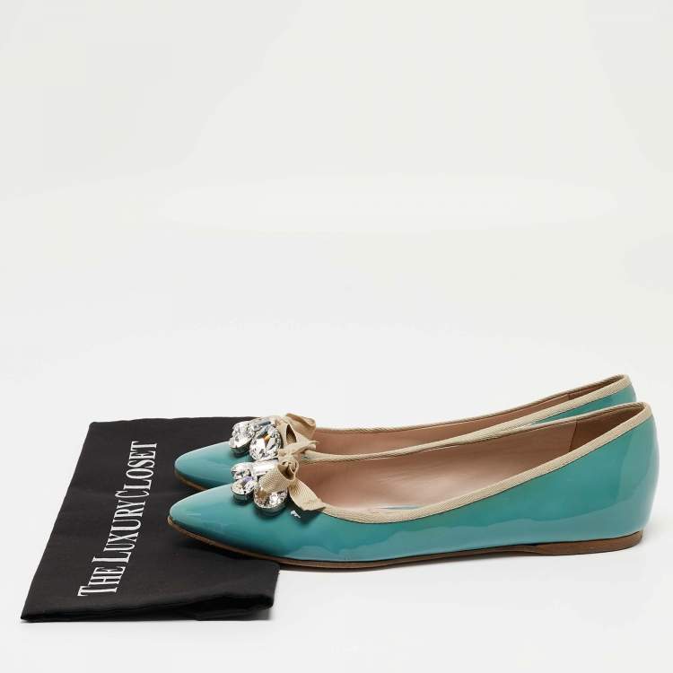 Pre Owned Miu Miu Blue Patent Leather Embellished Ballet Flats Size 42