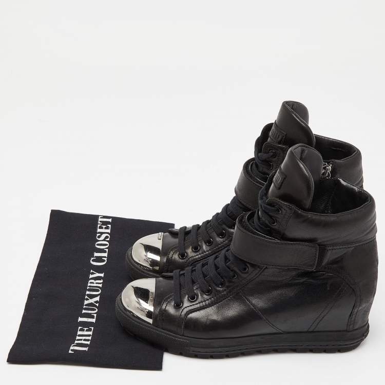 Pre Owned Miu Miu Black Leather Toe Cap Wedge Ankle Boots Size 38.5