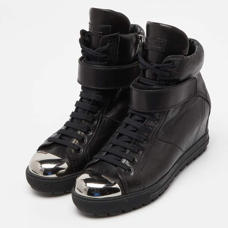 Pre Owned Miu Miu Black Leather Toe Cap Wedge Ankle Boots Size 38.5