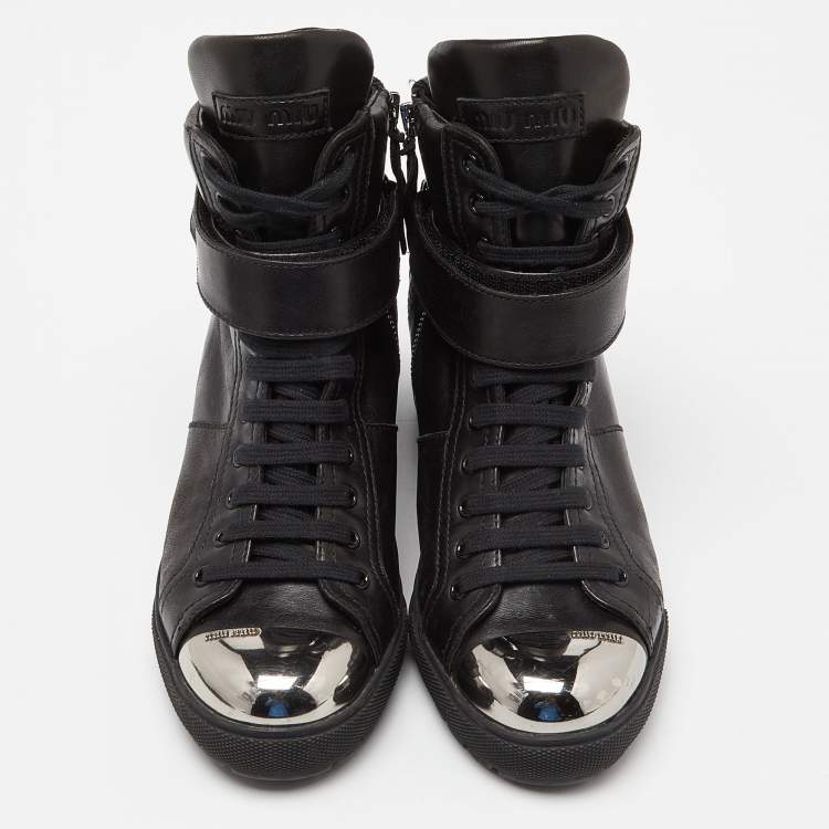 Pre Owned Miu Miu Black Leather Toe Cap Wedge Ankle Boots Size 38.5