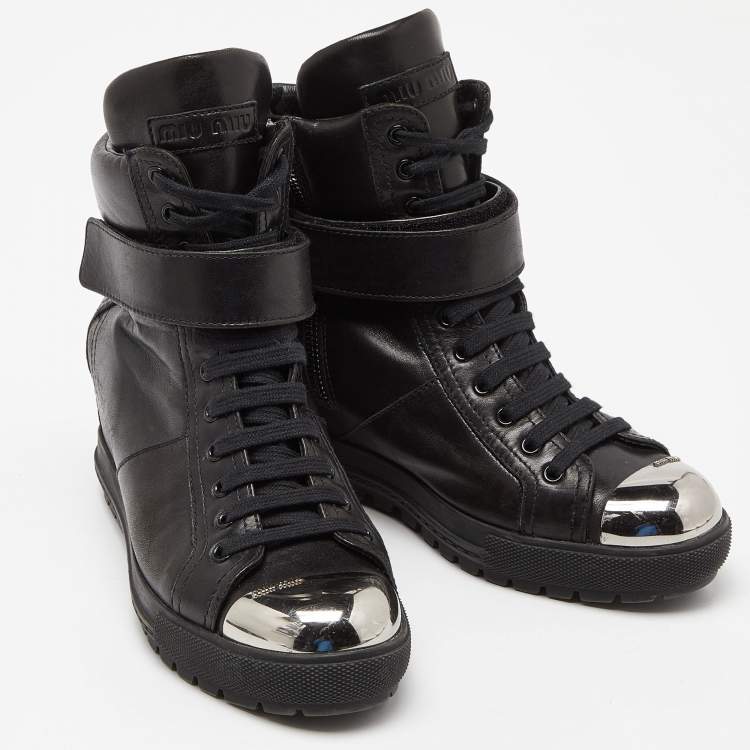 Pre Owned Miu Miu Black Leather Toe Cap Wedge Ankle Boots Size 38.5