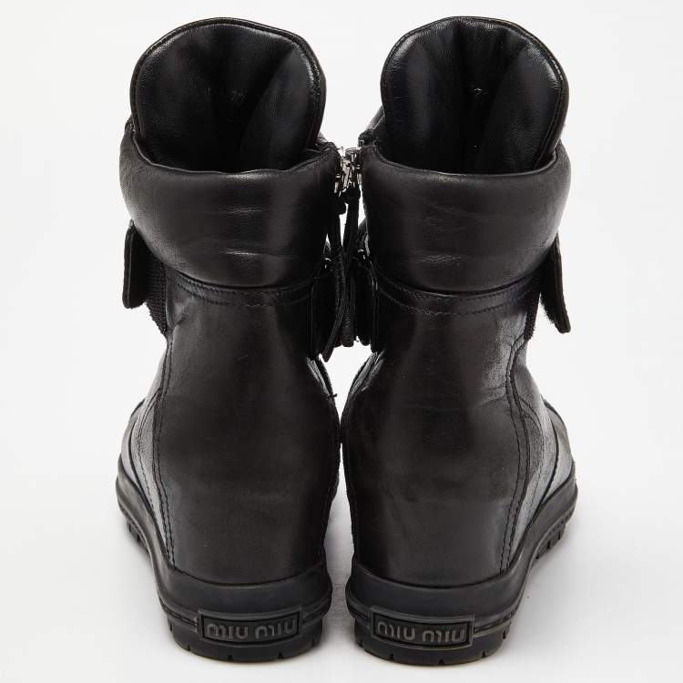 Pre Owned Miu Miu Black Leather Toe Cap Wedge Ankle Boots Size 38.5
