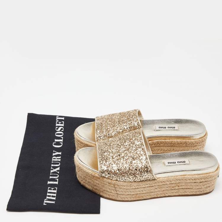 Pre Owned Miu Miu Metallic Gold Glitter Espadrille Platform Slide Sandals Size 37