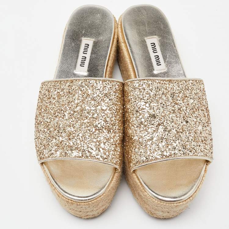 Pre Owned Miu Miu Metallic Gold Glitter Espadrille Platform Slide Sandals Size 37
