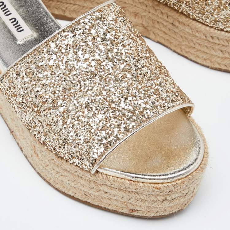 Pre Owned Miu Miu Metallic Gold Glitter Espadrille Platform Slide Sandals Size 37