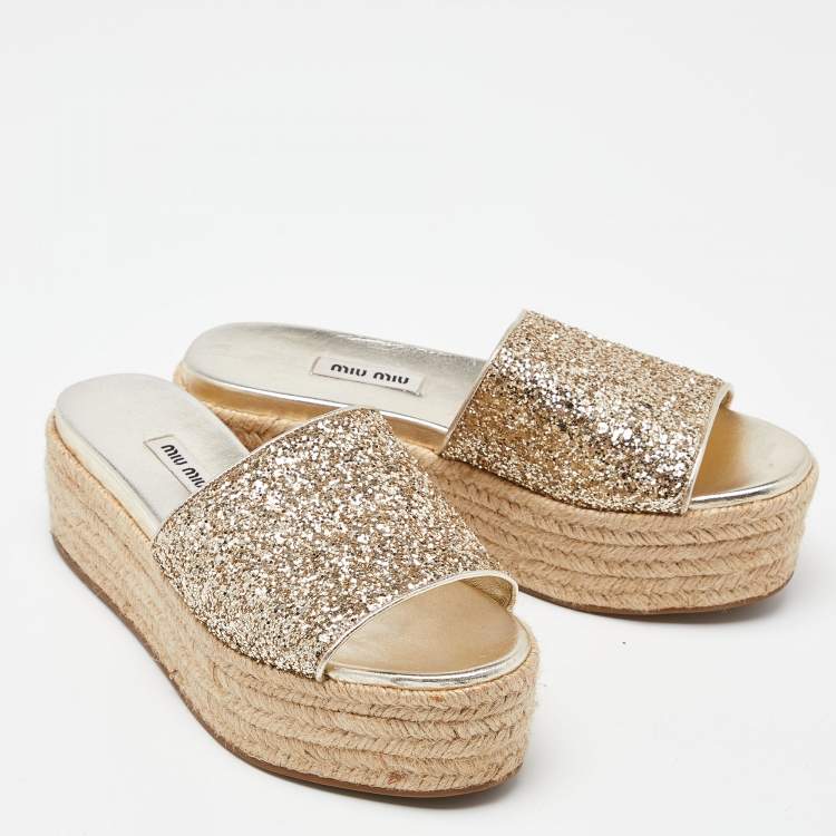 Pre Owned Miu Miu Metallic Gold Glitter Espadrille Platform Slide Sandals Size 37
