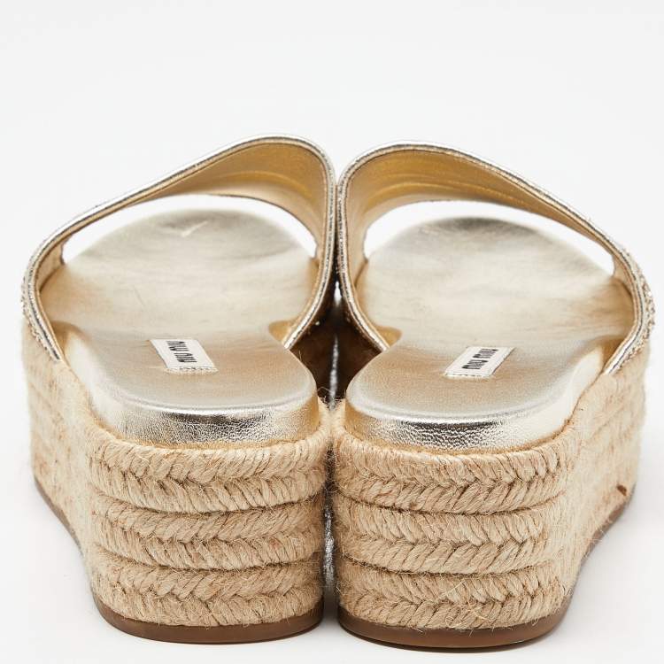 Pre Owned Miu Miu Metallic Gold Glitter Espadrille Platform Slide Sandals Size 37
