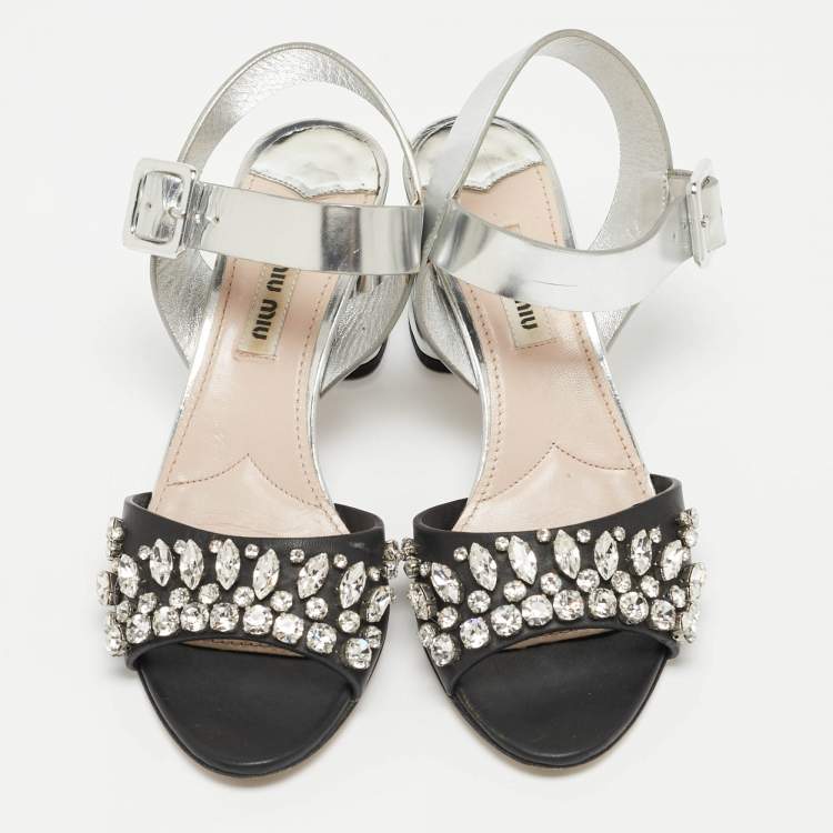 Pre Owned Miu Miu Silver/Black Leather Crystal Embellished Ankle Strap Sandals Size 35.5