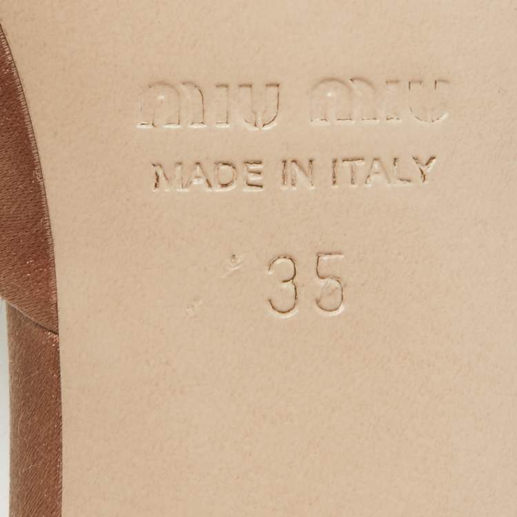 Pre Owned Miu Miu Beige Satin Crystal Embellished Peep Toe Block Heel Slide Sandals Size 35