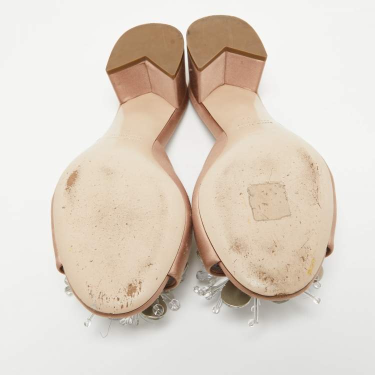 Pre Owned Miu Miu Beige Satin Crystal Embellished Peep Toe Block Heel Slide Sandals Size 35