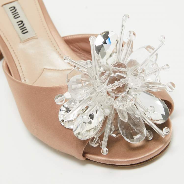 Pre Owned Miu Miu Beige Satin Crystal Embellished Peep Toe Block Heel Slide Sandals Size 35