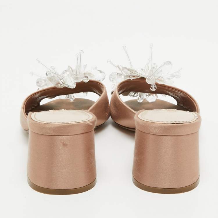 Pre Owned Miu Miu Beige Satin Crystal Embellished Peep Toe Block Heel Slide Sandals Size 35