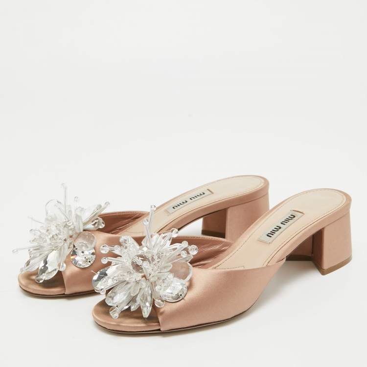 Pre Owned Miu Miu Beige Satin Crystal Embellished Peep Toe Block Heel Slide Sandals Size 35