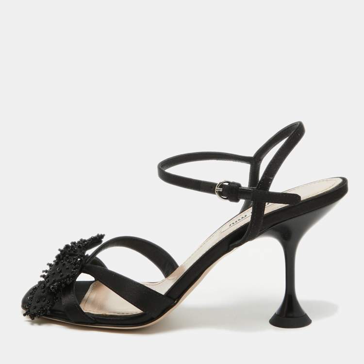 Pre Owned Miu Miu Black Satin Embellished Ankle Strap Sandals Size 37.5