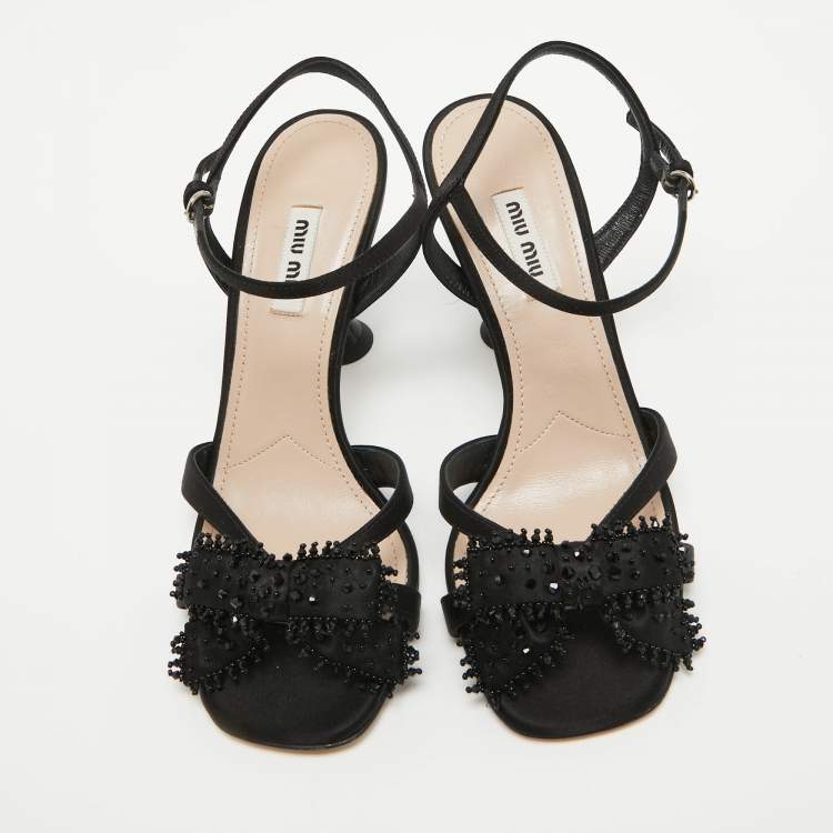 Pre Owned Miu Miu Black Satin Embellished Ankle Strap Sandals Size 37.5