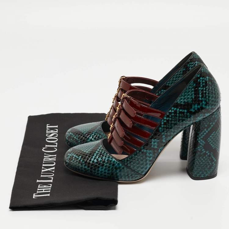 Pre Owned Miu Miu Green Python And Patent Mary Jane Pumps Size 37.5