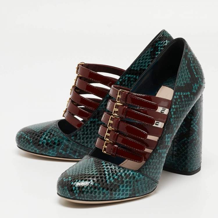 Pre Owned Miu Miu Green Python And Patent Mary Jane Pumps Size 37.5