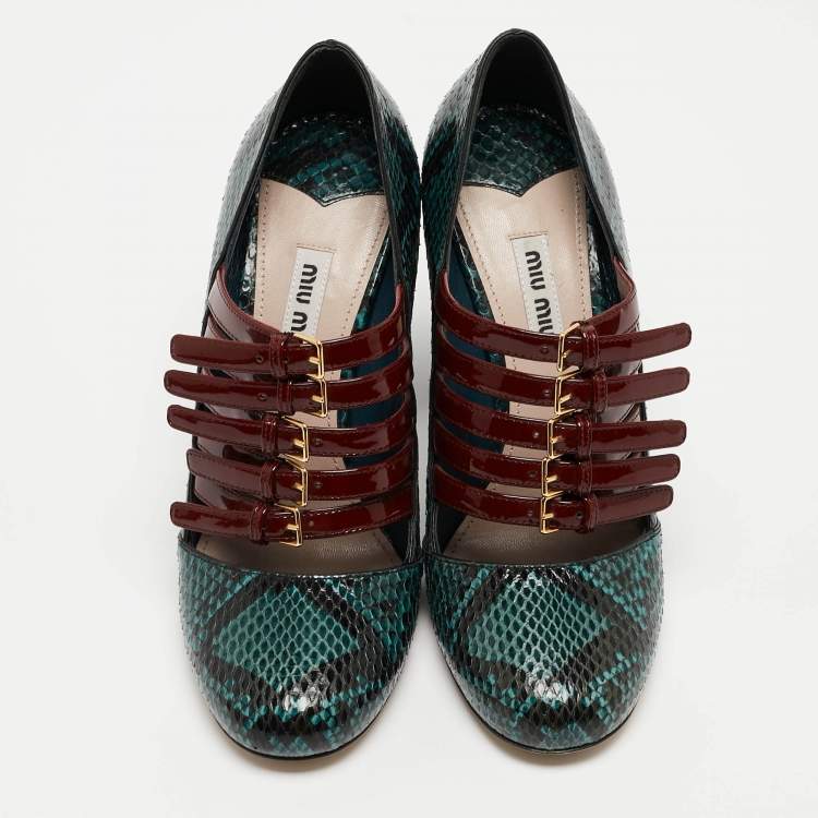 Pre Owned Miu Miu Green Python And Patent Mary Jane Pumps Size 37.5