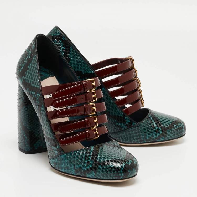Pre Owned Miu Miu Green Python And Patent Mary Jane Pumps Size 37.5