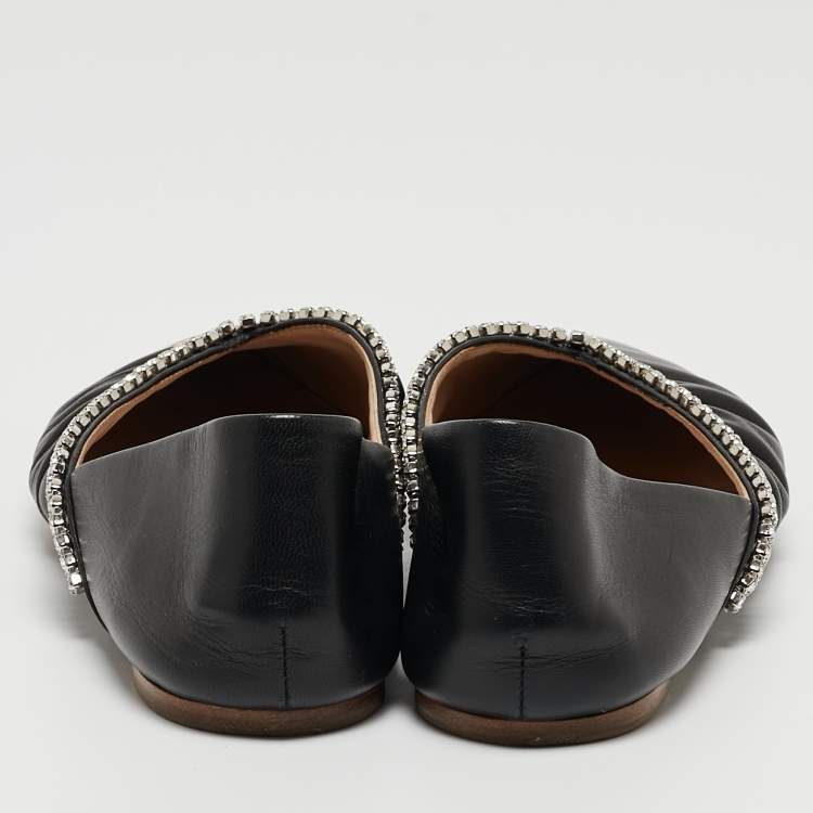 Pre Owned Miu Miu Black Leather Crystal Embellished Pointed Toe Ballet Flats Size 36