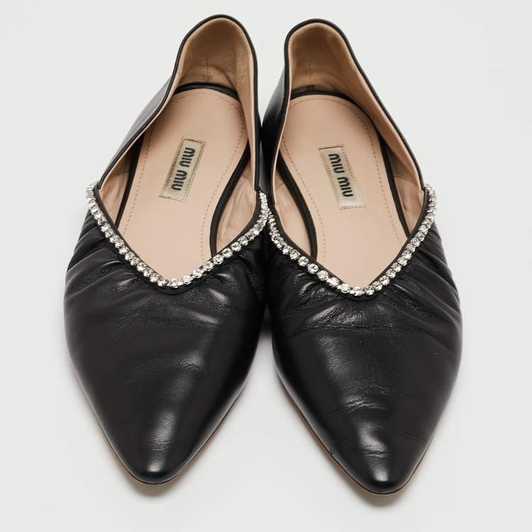 Pre Owned Miu Miu Black Leather Crystal Embellished Pointed Toe Ballet Flats Size 36