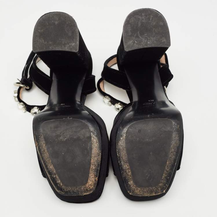 Pre Owned Miu Miu Black Suede Crystal Embellished Heel Ankle Strap Platform Sandals Size 39