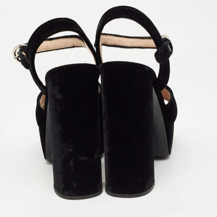 Pre Owned Miu Miu Black Suede Crystal Embellished Heel Ankle Strap Platform Sandals Size 39