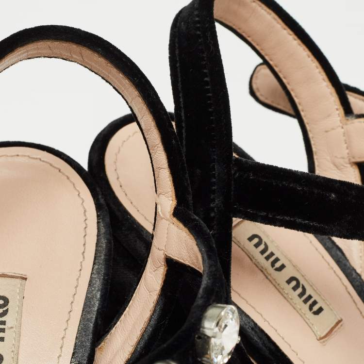 Pre Owned Miu Miu Black Suede Crystal Embellished Heel Ankle Strap Platform Sandals Size 39