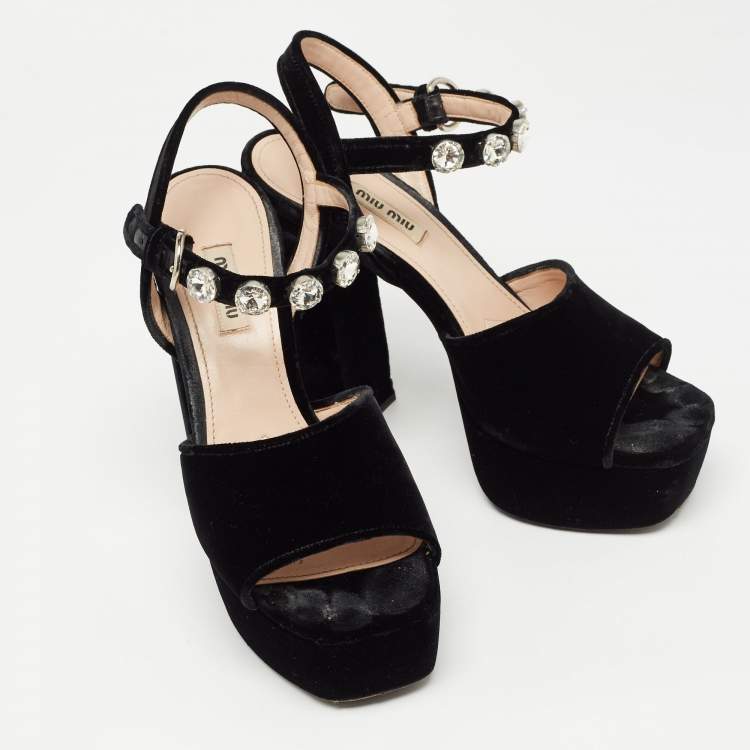 Pre Owned Miu Miu Black Suede Crystal Embellished Heel Ankle Strap Platform Sandals Size 39