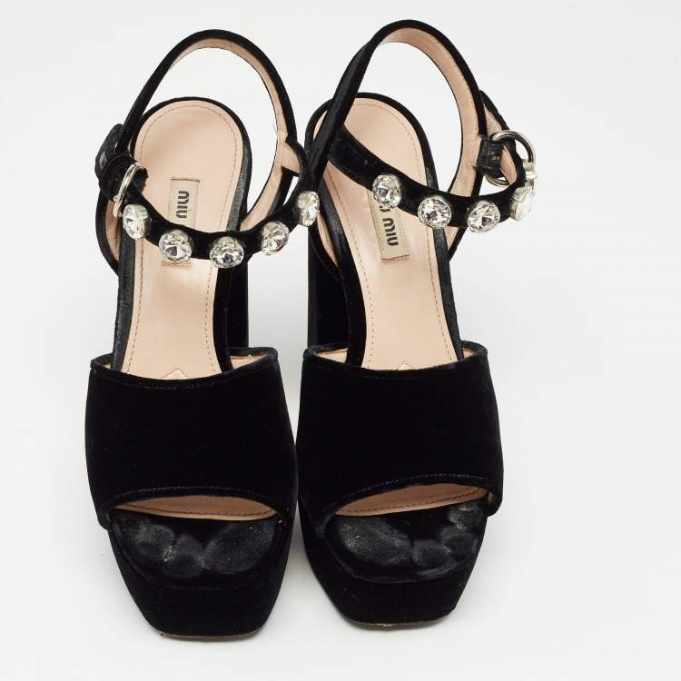 Pre Owned Miu Miu Black Suede Crystal Embellished Heel Ankle Strap Platform Sandals Size 39