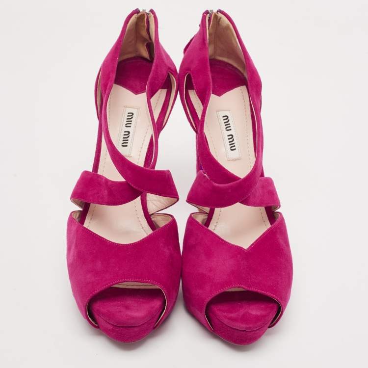 Pre Owned Miu Miu Pink Suede Platform Ankle-Strap Sandals Size 39